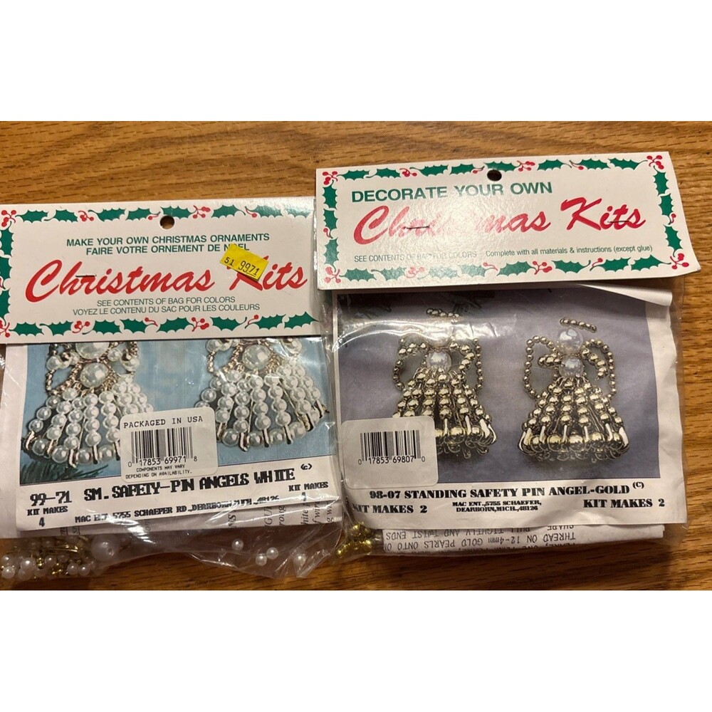2 Vintage Christmas Craft Kits Merri Mac Beads Safety Pin Angels White/Gold New
